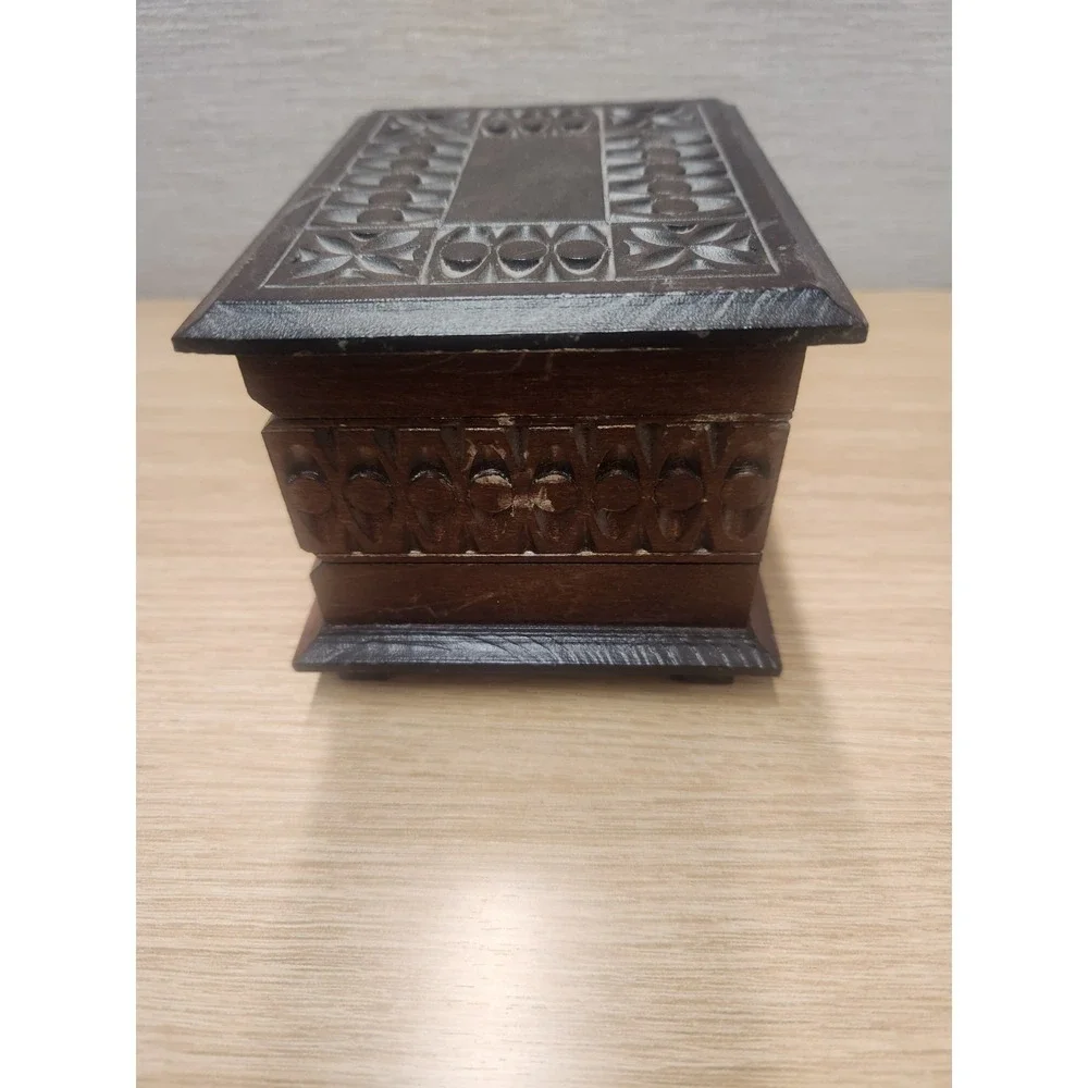Vintage Hand Carved Wood Double Secret Compartment Hinged Trinket Or Jewelry Box